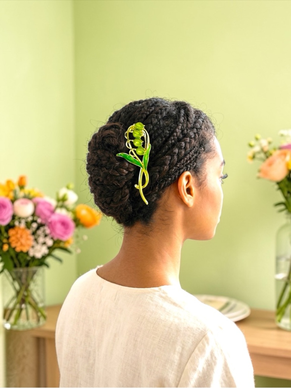 Lily of the Valley Green Enamel & Gold Plated Hair Clasp - Picture 3 of 6